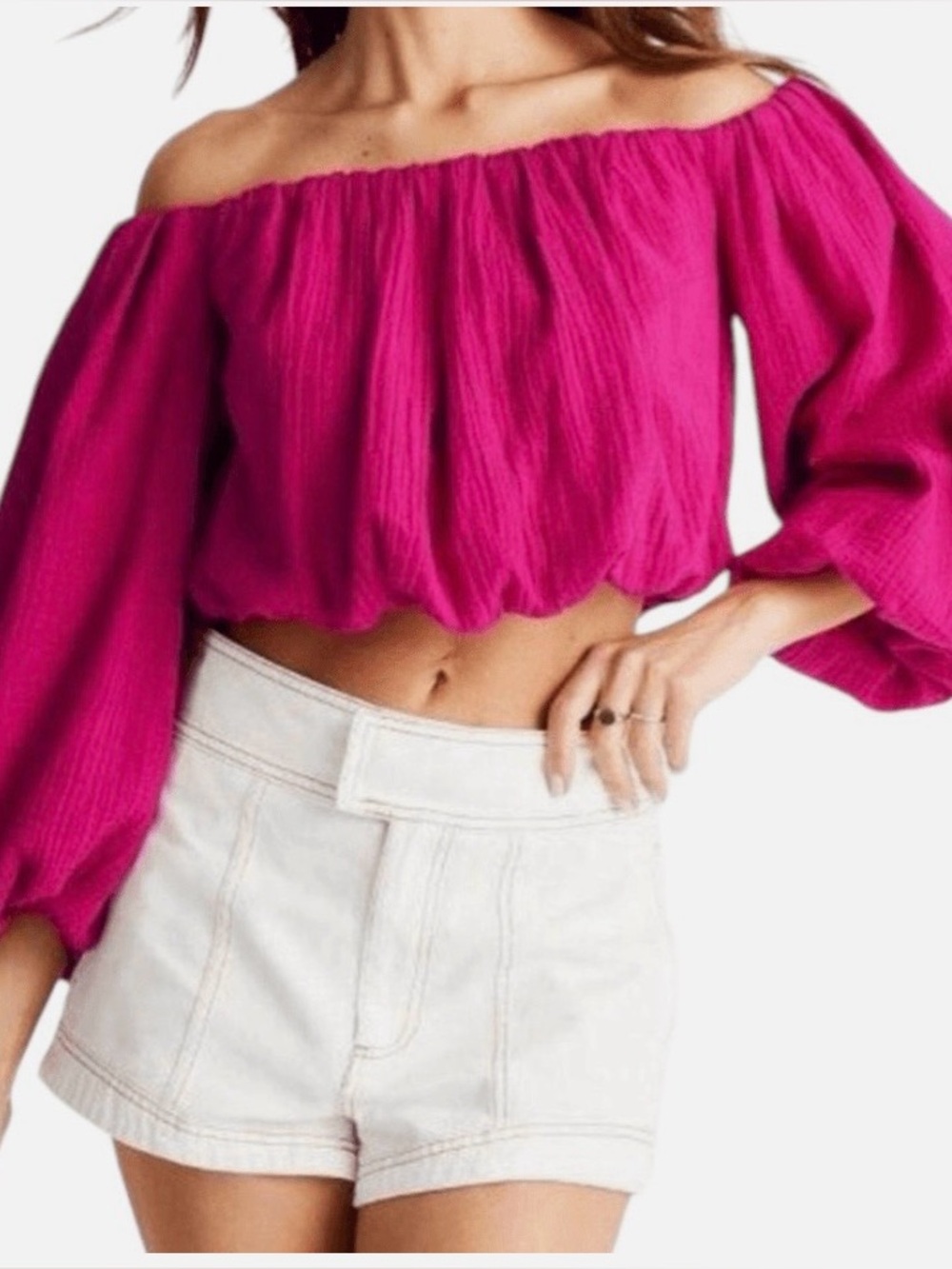 Future Collective Fuschia Cotton off the shoulder crop top with balloon sleeves